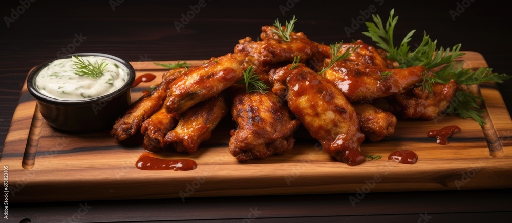 Reclaimed food makes spicy wings with sauce on a wooden board