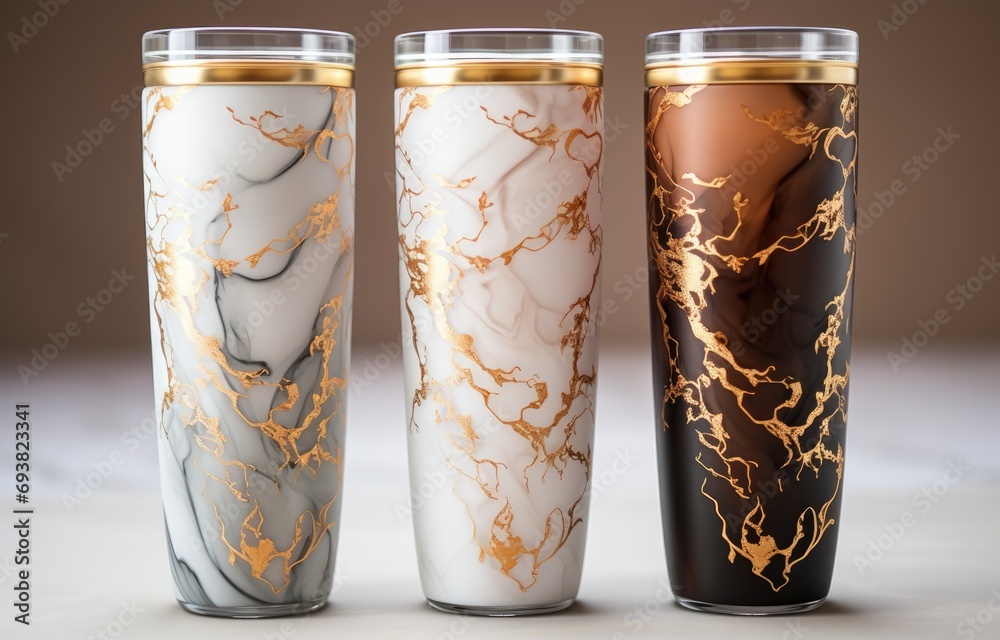 Fototapeta premium Mock up Realistic Metallic Tumbler Packaging with Marble stone pattern on White Background. Food and Drink Concept Product Concept