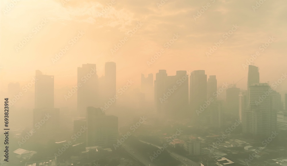 dust pollution cover skyscrapers in big city at sunrise, making air polluted and pm2.5. warm tone. Cityscape of buildings with bad weather.PM 2.5 thick misty concept background for copy space.