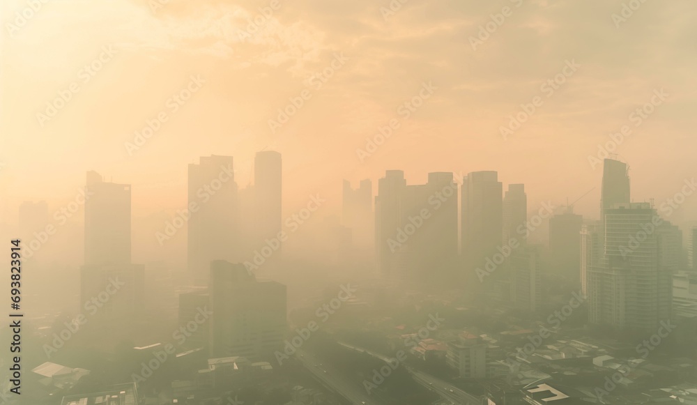 Fototapeta premium dust pollution cover skyscrapers in big city at sunrise, making air polluted and pm2.5. warm tone. Cityscape of buildings with bad weather.PM 2.5 thick misty concept background for copy space.