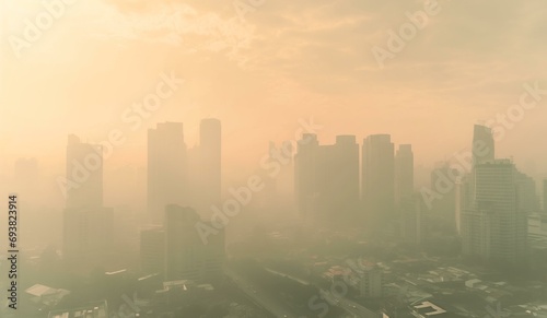 dust pollution cover skyscrapers in big city at sunrise  making air polluted and pm2.5. warm tone. Cityscape of buildings with bad weather.PM 2.5 thick misty concept background for copy space.
