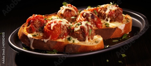 Tomato-stuffed bread with grilled meatballs.
