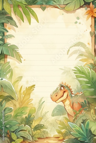 Jungle scrapbook page with cute dinosaur in corner, Forest with dinosaurs and foliage, for kids.