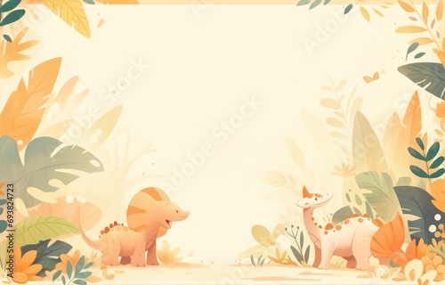 Jungle scrapbook page with cute dinosaur in corner, Forest with dinosaurs and foliage, for kids. © peacehunter