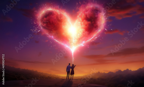 romantic couple together viewing a creative heart firework