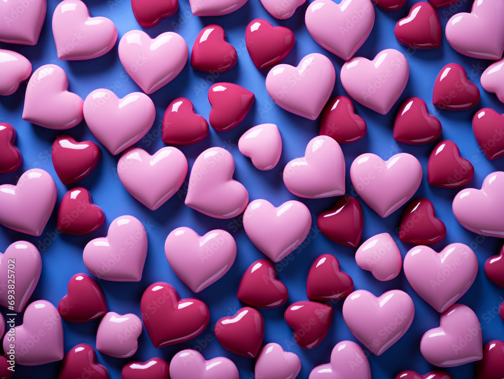 Pink hearts on a blue background photo-realistic
