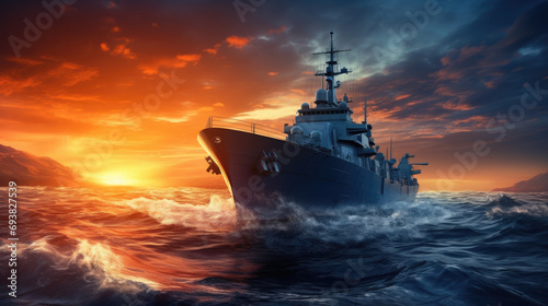 Military ship sailing during sunset, in the style of light navy and light cyan, photo-realistic landscapes