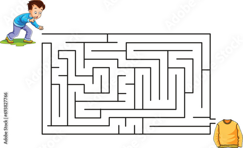 Find the way puzzle with boy on one side and sweater on the other vector illustration