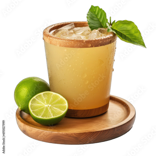 Cantaritos in a Clay Pot or Highball Glass a Pale Orange Garnished With a Lime Wheel.. Isolated on a Transparent Background. Cutout PNG. photo