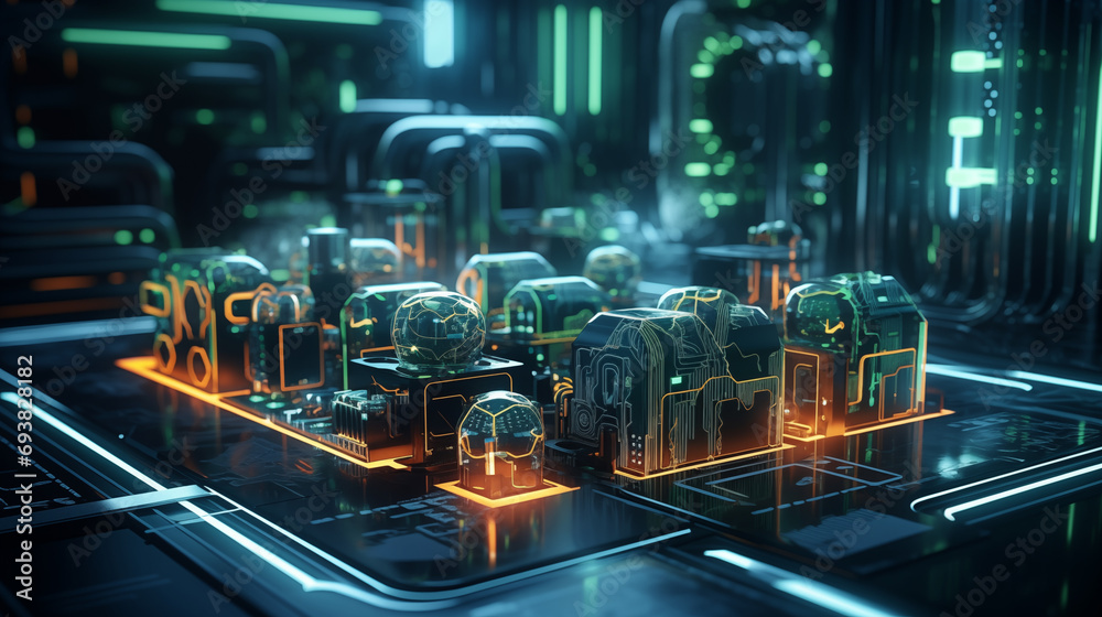 Large futuristic room or factory with technological blocks and pipes. Neon lighting, laser beams, black walls and a glossy floor. Green and yellow lights. 3d rendering Large futuristic room or factory with technological blocks and pipes. Neon lighting, laser beams, black walls and a glossy floor. Green and yellow lights. 3d rendering