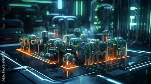Large futuristic room or factory with technological blocks and pipes. Neon lighting, laser beams, black walls and a glossy floor. Green and yellow lights. 3d rendering