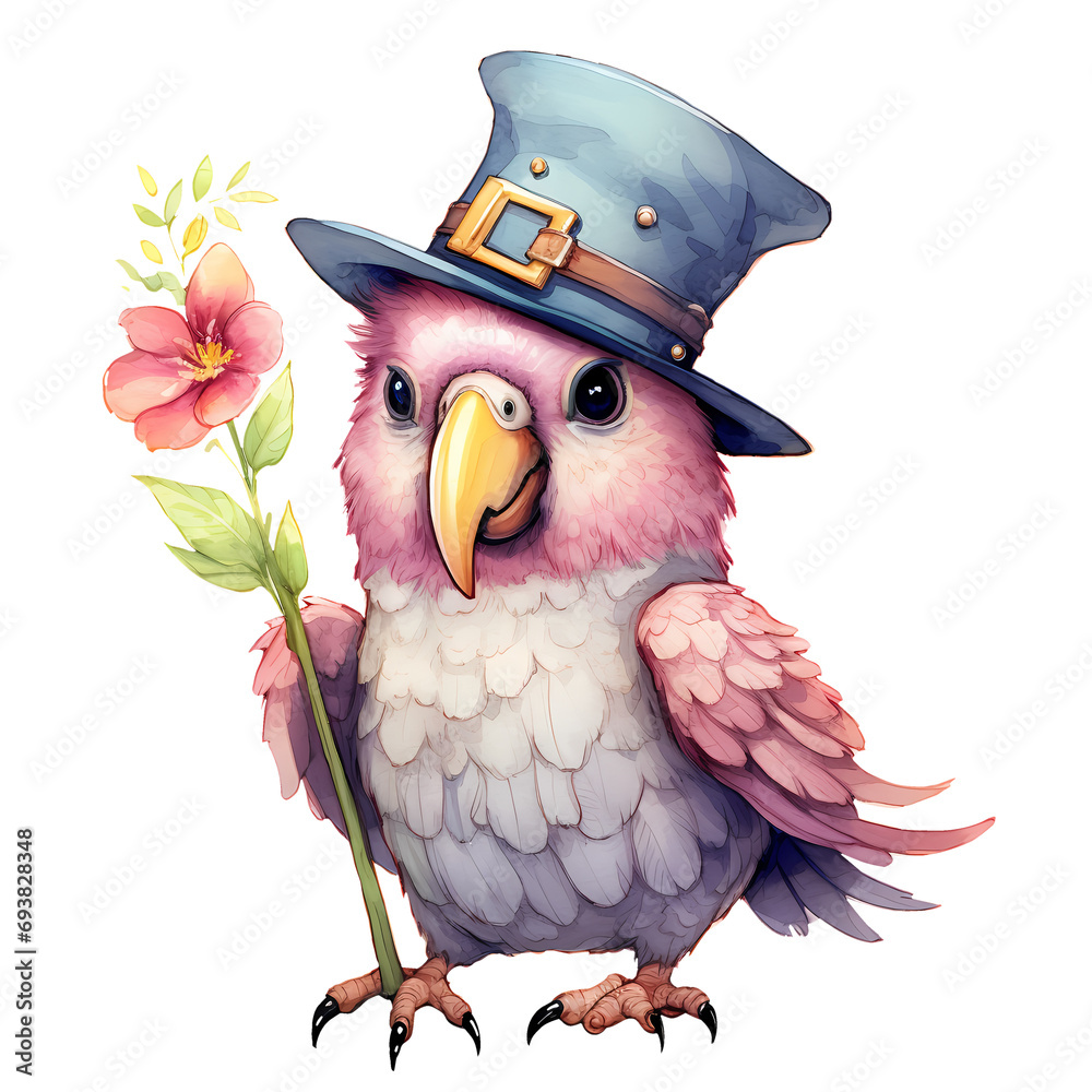 Naklejka premium Cute Funny Parrot Watercolor Clipart Illustration