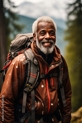 Man with backpack and backpack on his back smiles.