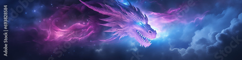 A silhouette of a dragon is visible, which consists of flash and glows light. cosmic sky with glow in purple shades. The sky looks magical. The dragon is a symbol of the year of the Chinese horoscope © designerr019