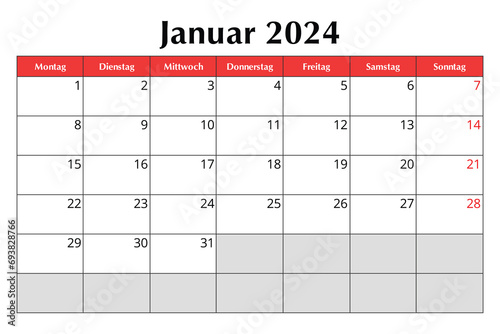 January 2024 GERMAN calendar. Vector editable illustration. Monthly planning for business in Germany