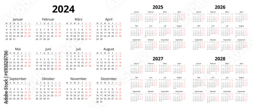 2024  2025  2026  2027  2028 german calendars. Printable vector illustration set for Germany.