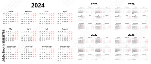 2024, 2025, 2026, 2027, 2028 german calendars. Printable vector illustration set for Germany.