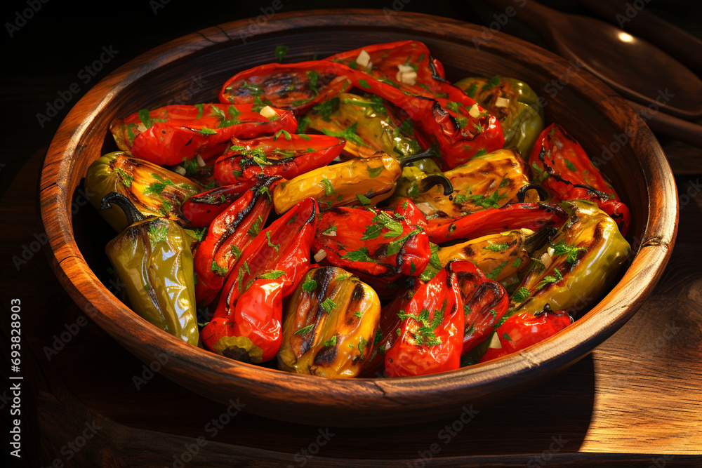 Grilled bell peppers in a wooden bowl on the table Grilled bell peppers in a wooden bowl on the table