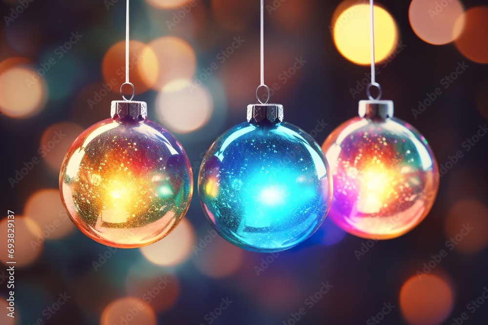 3D rendering of glass christmas baubles against a warm Christmas trees background. Christmas ornaments on a Christmas tree with bokeh neon lights 3D rendering of glass christmas baubles against a warm Christmas trees background. Christmas ornaments on a Christmas tree with bokeh neon lights