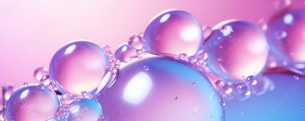 Serum or water drops on purple gradient surface background. Toner or cleanser lotion, hyaluronic serum. Clear liquid skin care cosmetic product texture with bubbles Serum or water drops on purple gradient surface background. Toner or cleanser lotion, hyaluronic serum. Clear liquid skin care cosmetic product texture with bubbles