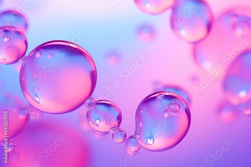 Serum or water drops on purple gradient surface background. Toner or cleanser lotion, hyaluronic serum. Clear liquid skin care cosmetic product texture with bubbles