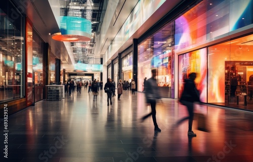 Canvas Print Motion blur effect, busy shopping mall scene, diverse people with colorful shopp