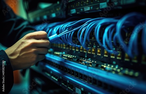 A network engineer hands clipping a blue ethernet cable