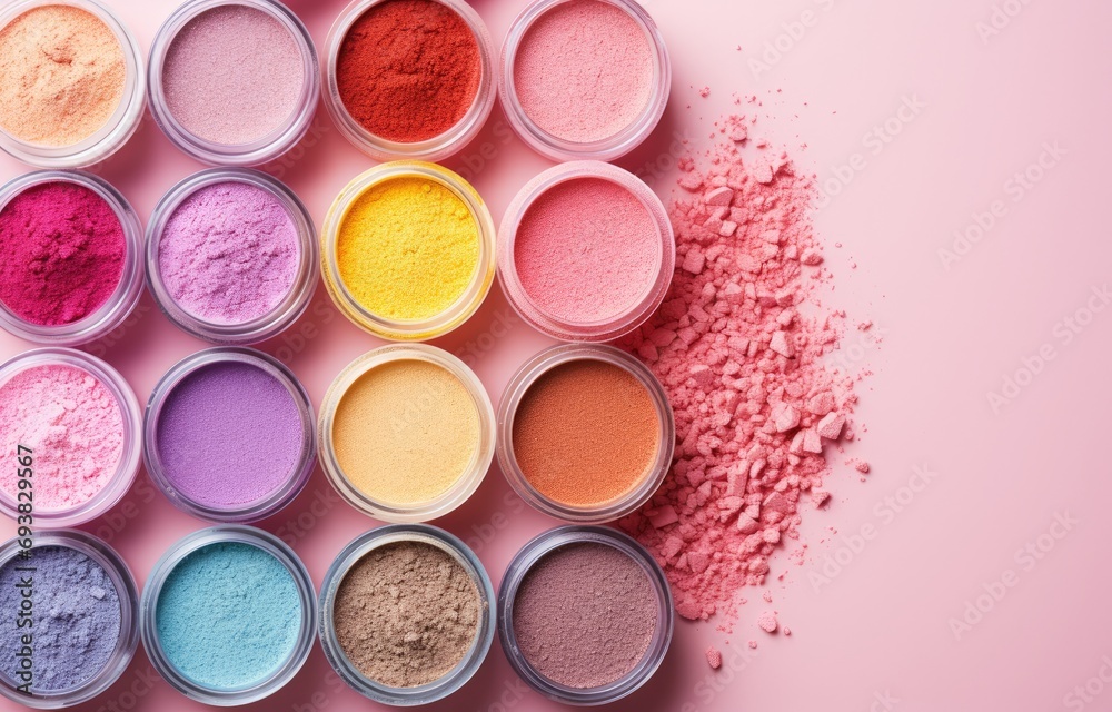 A pink makeup bag with cosmetic beauty products spilling out on to a pastel colored background, with empty space at side A pink makeup bag with cosmetic beauty products spilling out on to a pastel colored background, with empty space at side