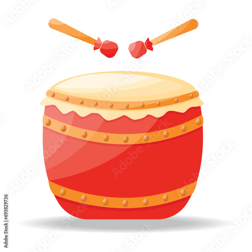 Vector illustration of cute red, gold, Chinese drum with wood for traditional lion dance in China. For Chinese New Year traditions, cartoon percussion instrument with drumsticks isolated. photo