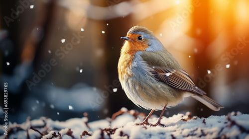 A bird at branch - blurry forest view in background with snowing, closeup  © MASmaker