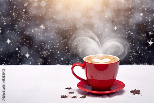 steaming cup of hot coffee in the snowfall winter landscape, empty copy space for Valentine day