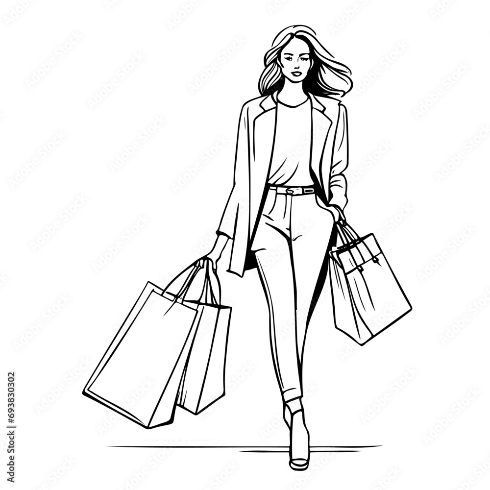 Hand drawn beautiful woman with shopping bags. Black and white sketch. Fashion illustration.