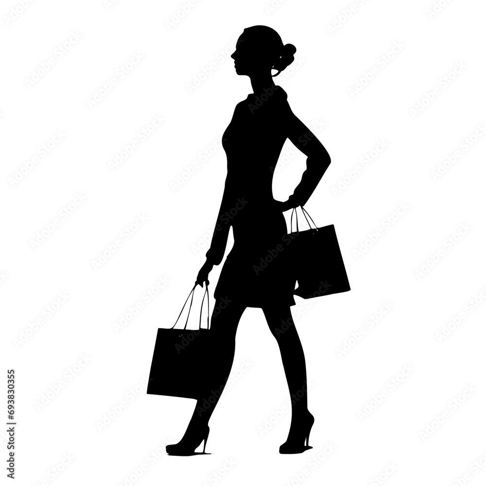 Fashion sketch of beautiful woman with shopping bags