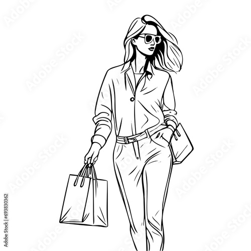 Sketch young woman holding paper bags, concept of discounts and sales