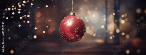 Red Christmas glass ball hanging on blurred dark snowy background with bokeh golden lights. Christmas tree toy. New year decoration  festive atmosphere concept. Banner or greeting card with copy space