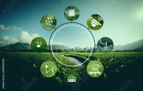 The green globe with circular economy icons, economy for future growth of business and environment sustainable.Net zero and carbon photo