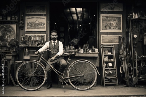 An elegant man seats on an old-fashioned bicycle in front of a rustic shop filled with antiques, a vintage scene