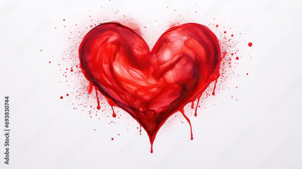 Decorative red heart on white background as wallpaper illustration, alcohol ink