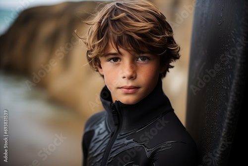 Portrait of a young boy in wetsuit on the beach