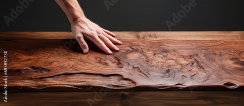 Man's hand oils finished oak surface.