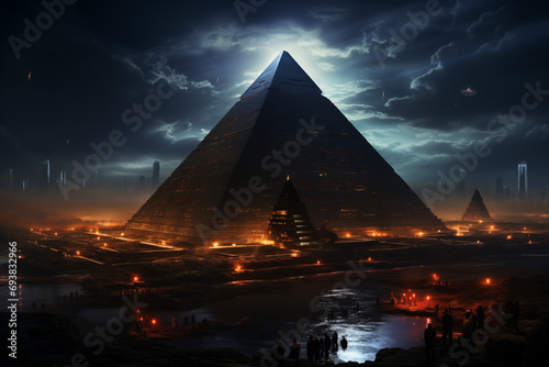 aliens building the Pyramids, ultra high tech, lights, lost civilisation, space cargo ships, dark atmosphere,