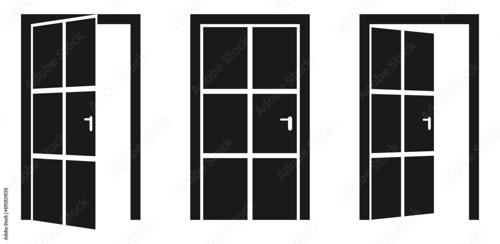 Door Icon vector set, door opened and closed, inside and outside, symbol for web site design, logo, and app. Vector illustration isolated on white background. Door Icon vector set, door opened and closed, inside and outside, symbol for web site design, logo, and app. Vector illustration isolated on white background.