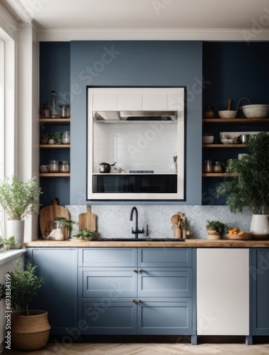 Mockup of a large frame on the blue and dark blue and white wall kitchen room is classic interior