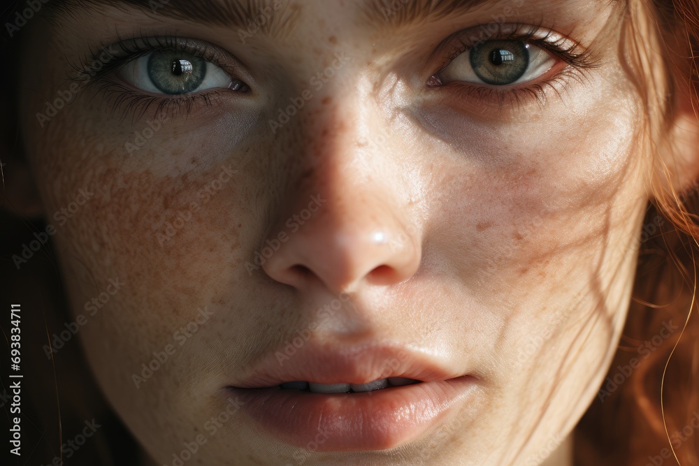 Fototapeta premium Beautiful green eyed woman with freckles. Sensitive redhead girl model with natural makeup. Healthy natural skin, skin care. Beauty and skincare cosmetics treatment concept