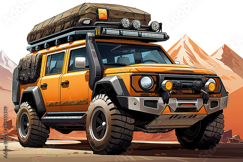 Camping van illustration off-road car illustration vintage camping isolated on PNG Background. Generative Ai.