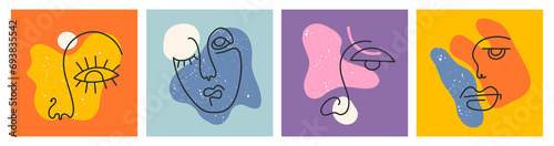 Retro posters in line art style. Big Set of Various Faces, abstract shapes. Ink painting style. Contemporary Hand drawn stock illustrations. Continuous line, minimalistic elegant concept. 