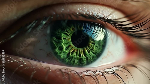 Female human eye close up. Healthy eyesight concept. Front macro view beautiful green iris. Woman look camera extreme closeup. Good vision laser surgery. Pretty person without no make up. Eyes lenses. photo