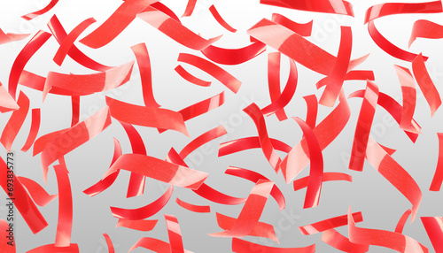 Bright red confetti falling on gradient grey background. Banner design