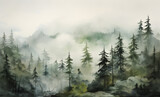 the watercolor painting of trees in the forest with fog