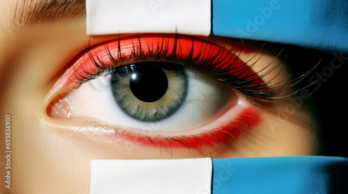 A Captivating Close-up of a Eye with Striking Red and White Makeup
